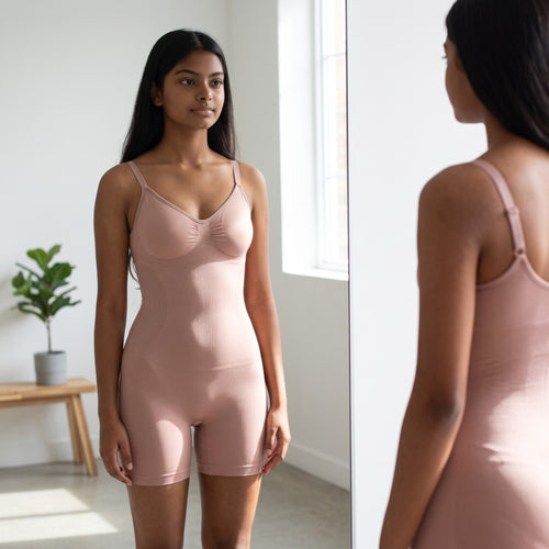 Mujer frente al espejo usando el body moldeador zafiropulse Ultra-Lift color nude de tejido suave y ajuste cómodo.