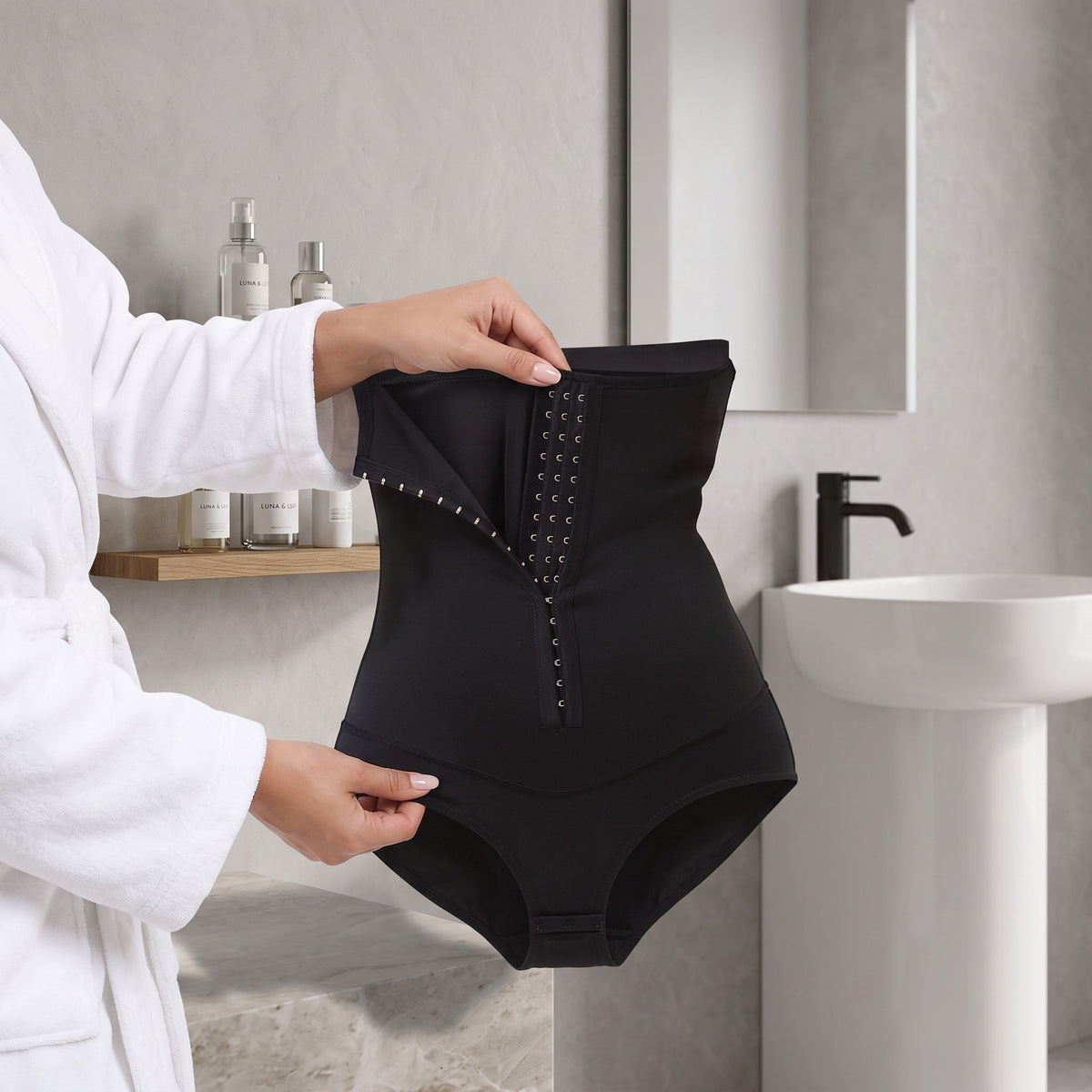 Bodysuit moldeador negro zafiropulse con cierre de corchetes frontales para soporte abdominal y ajuste cómodo
