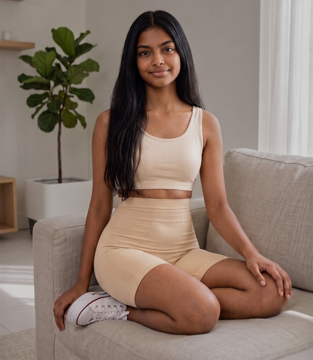 Modelo con conjunto zafiropulse de top y boxer color beige, tejido suave y ligero efecto segunda piel en sofá