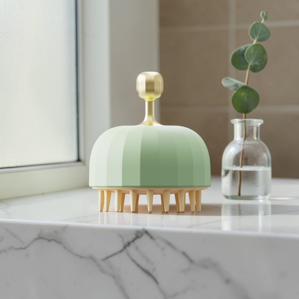 Cepillo masajeador de cuero cabelludo zafiropulse PERENNE Glow Brush en color verde menta con mango dorado