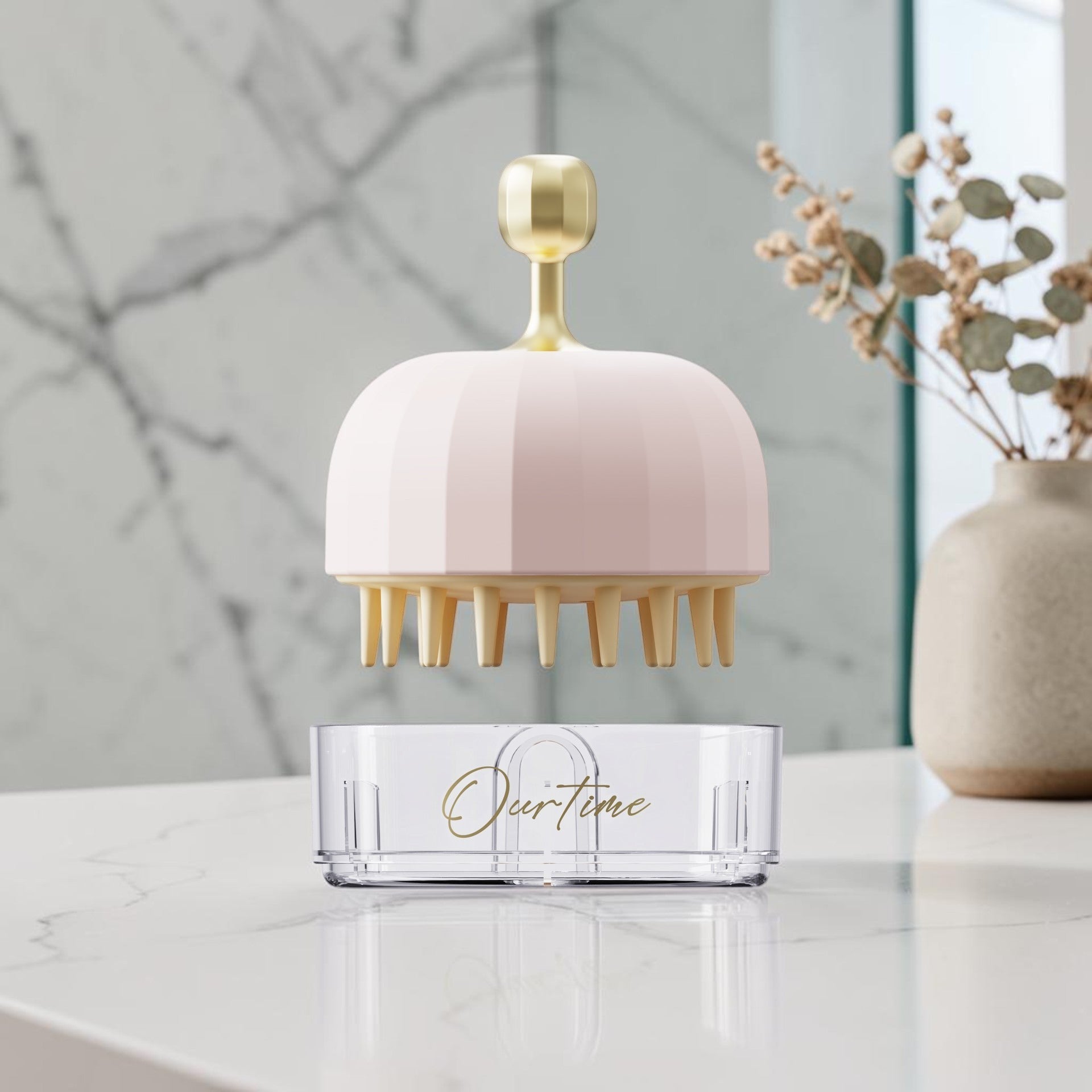 Cepillo masajeador de cuero cabelludo zafiropulse PERENNE Glow Brush en color rosa pastel con base protectora