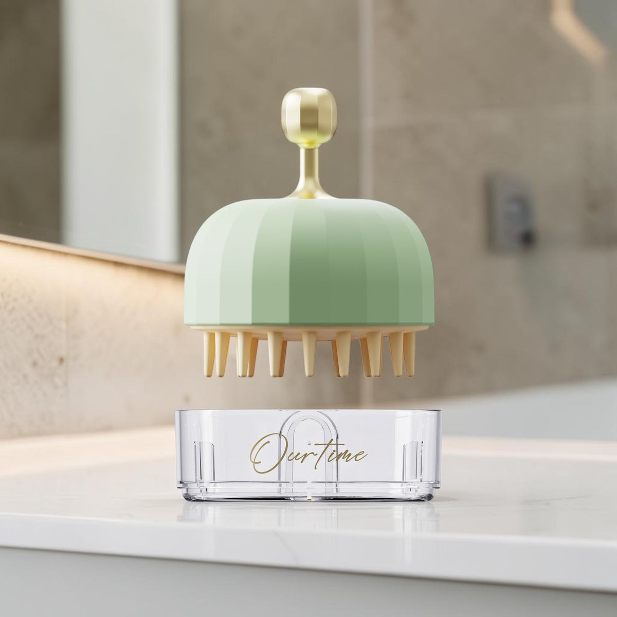 Cepillo masajeador de cuero cabelludo zafiropulse PERENNE Glow Brush en verde pastel con base protectora transparente