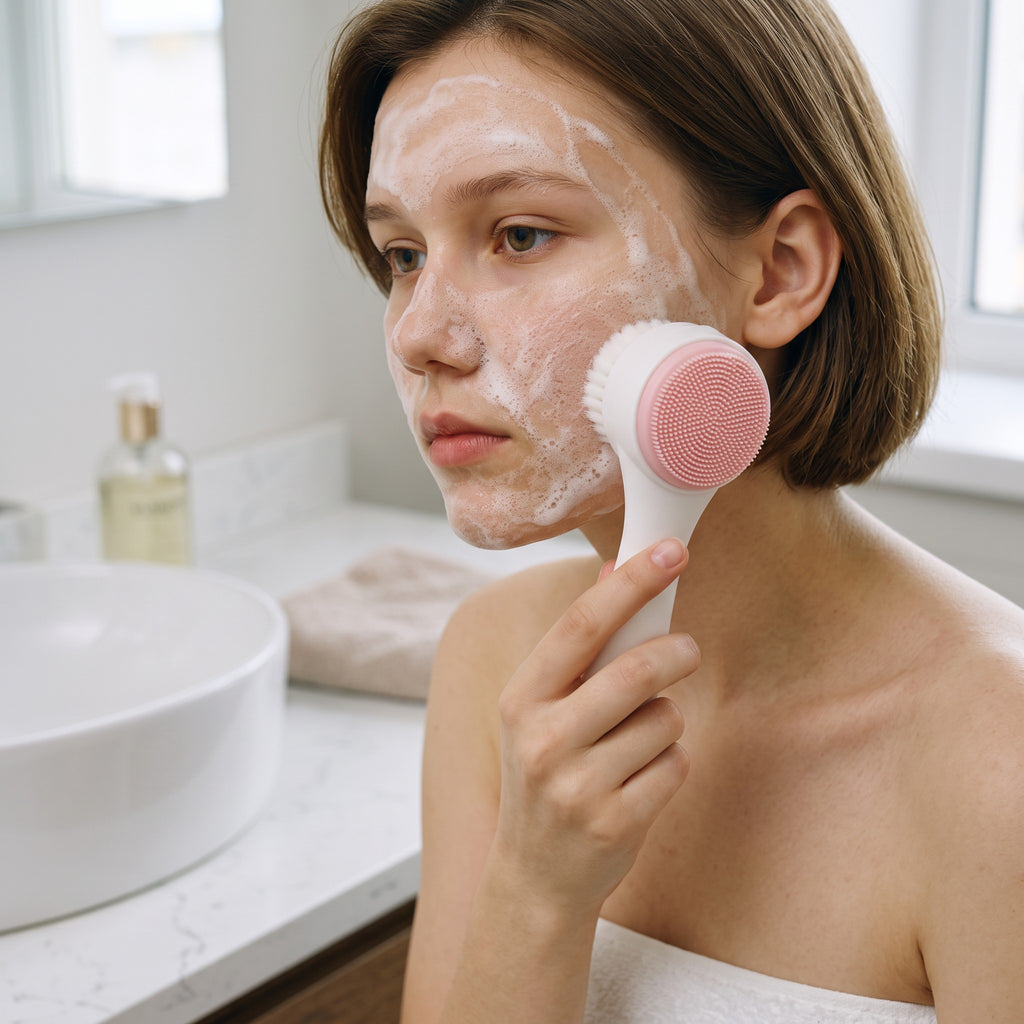 Mujer usando el cepillo facial de silicona zafiropulse PERENNE con espuma limpiadora para una limpieza profunda.