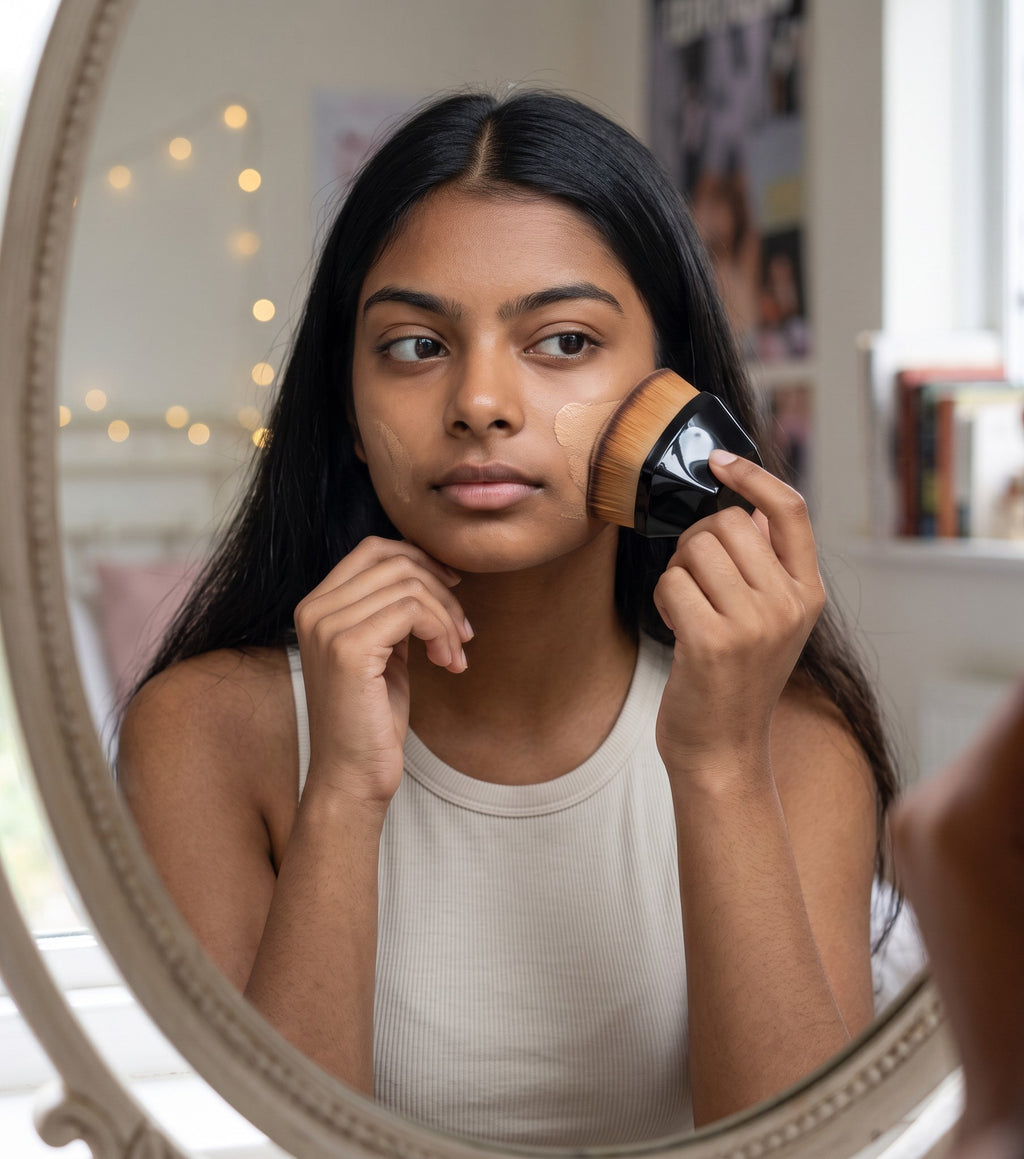 Mujer joven aplicándose base con la brocha angular zafiropulse PERENNE Facet Brush frente a un espejo ovalado