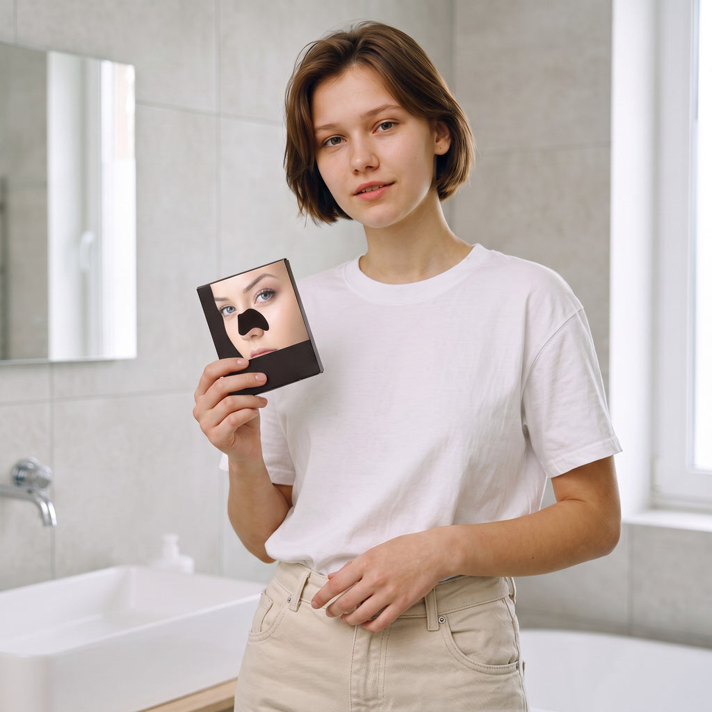 Mujer joven sosteniendo el empaque de PERENNE Pore Strips de zafiropulse en un baño moderno para limpieza facial