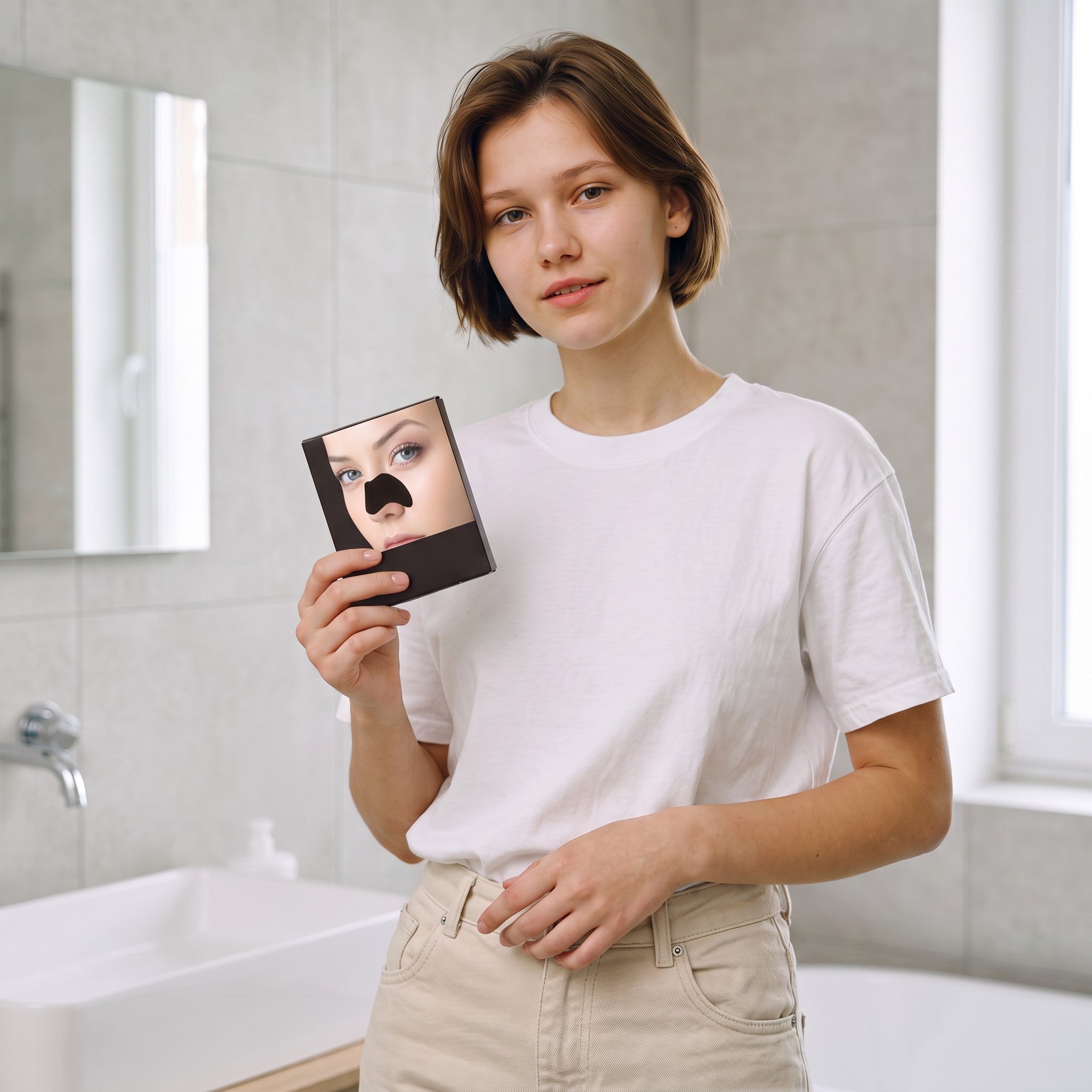 Mujer joven sosteniendo el empaque de PERENNE Pore Strips de zafiropulse en un baño moderno para limpieza facial