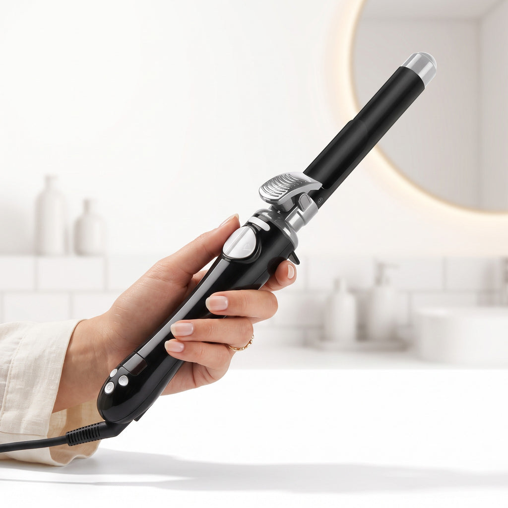 Rizador de pelo automático zafiropulse PERENNE Air-Wave Pro en color negro con detalles plateados en mano