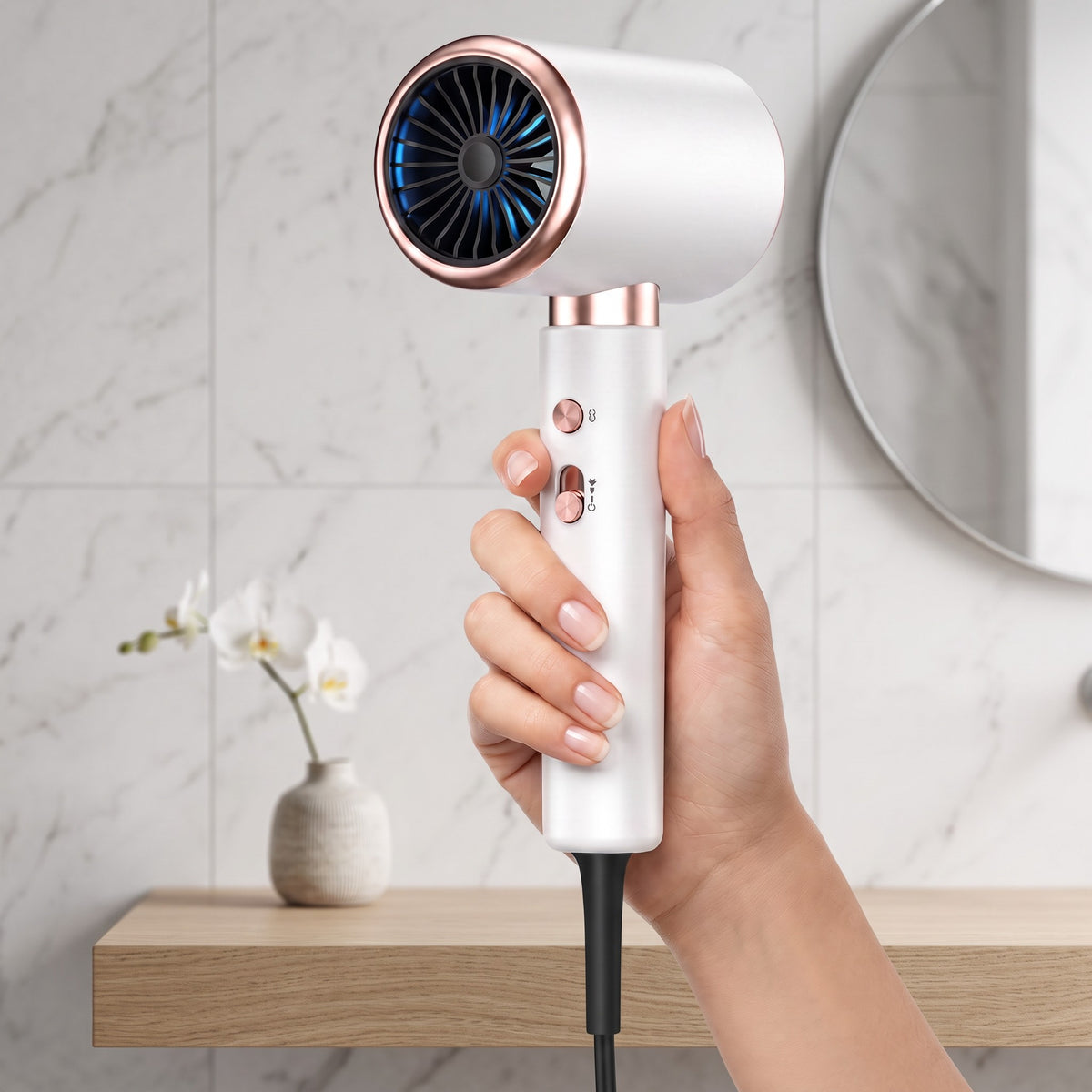 Secador de pelo zafiropulse PERENNE Aero-Glow Therapy blanco con detalles en oro rosa y diseño ergonómico en forma de T