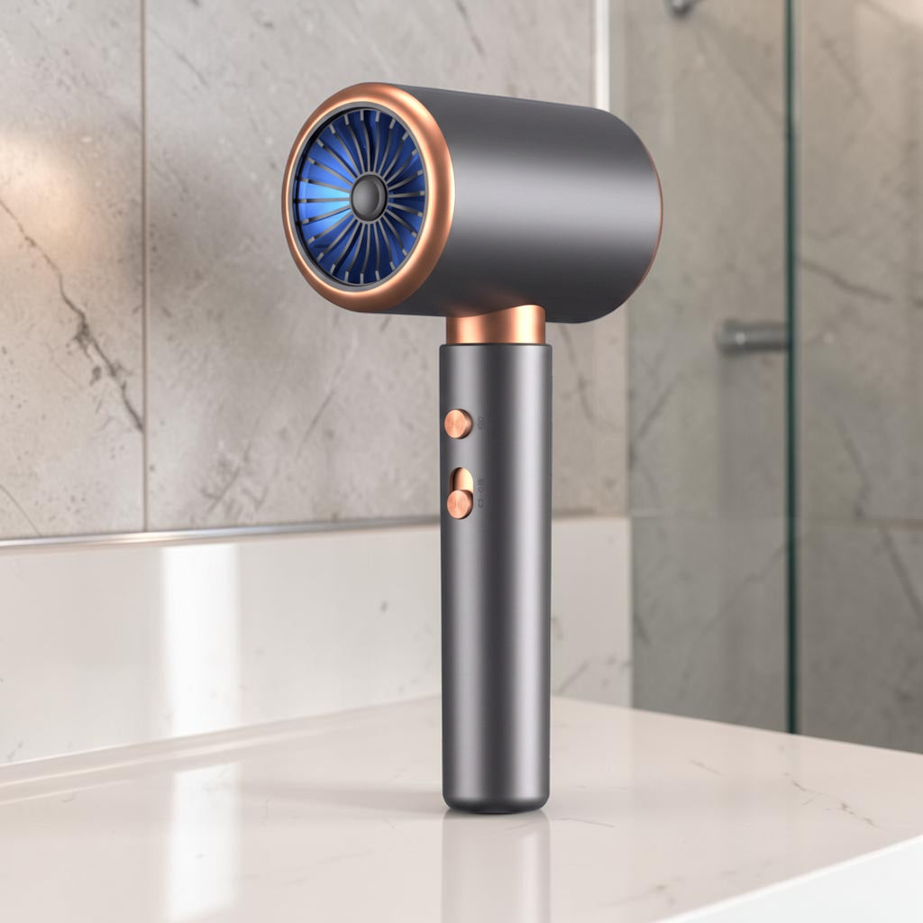 Secador de pelo zafiropulse PERENNE Aero-Glow Therapy en gris mate con detalles en cobre y diseño ergonómico en T