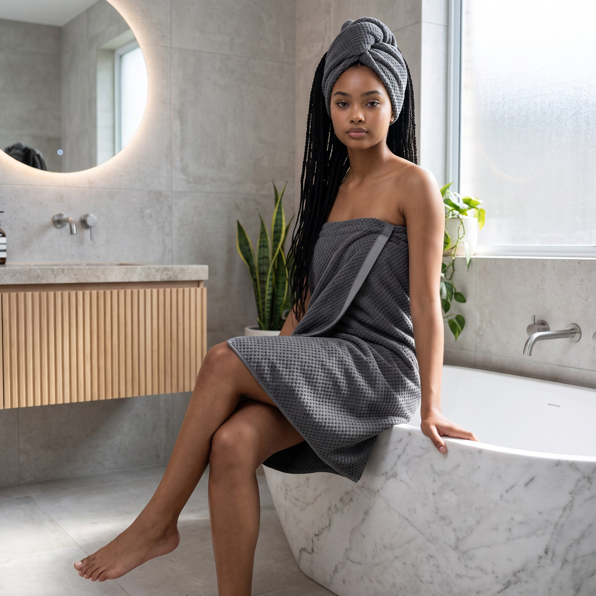 Mujer con turbante y toalla de baño gris con textura waffle de zafiropulse en un baño moderno y minimalista